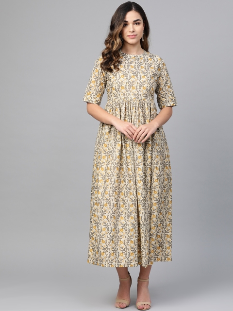 

Sringam Women Beige & Mustard Yellow Printed Maxi Dress