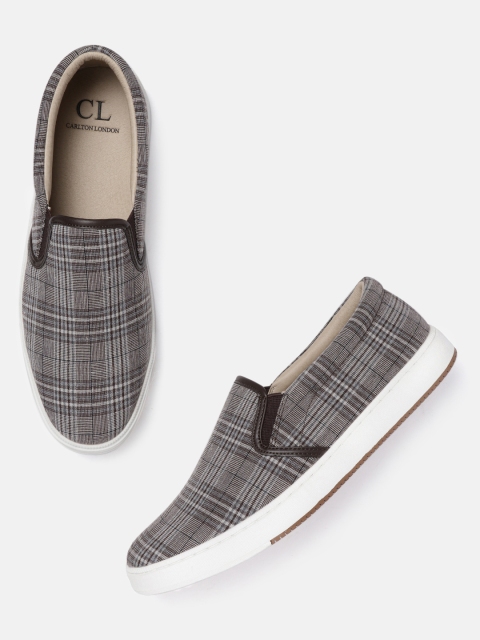 

Carlton London Men Taupe & Off-White Checked Slip-On Sneakers