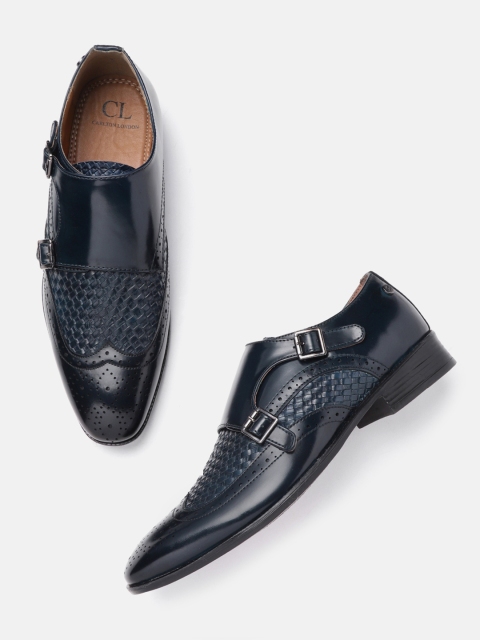 

Carlton London Men Navy Blue Perforated Monks with Basket Weave Texture