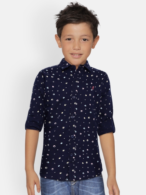 Boys Navy Blue Regular Fit Printed Casual Shirt