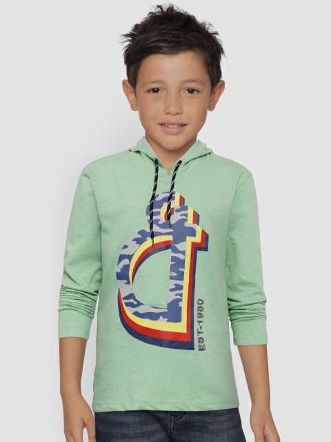 

Gini and Jony Boys Sea Green Printed Hooded Pure Cotton T-shirt
