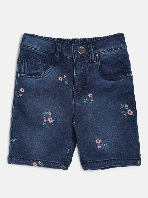 Girls Blue Self Design Regular Fit Denim Shorts
