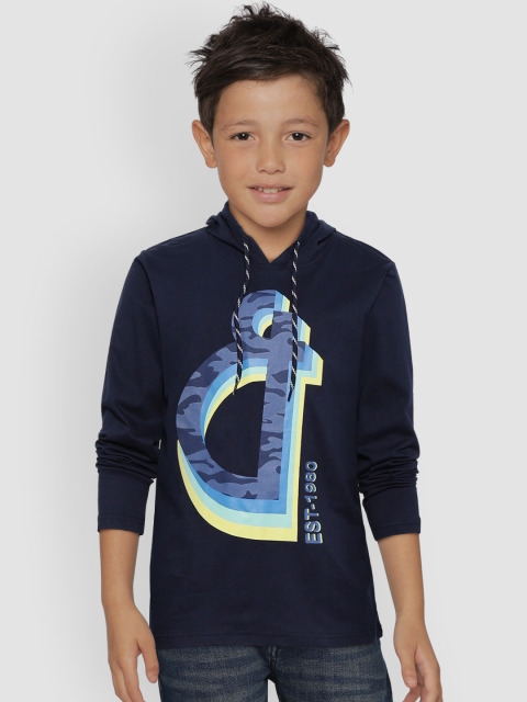 

Gini and Jony Boys Navy Blue Printed Hood T-shirt