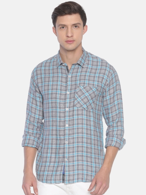 

Linen Club Men Grey & Blue Regular Fit Checked Casual Linen Shirt