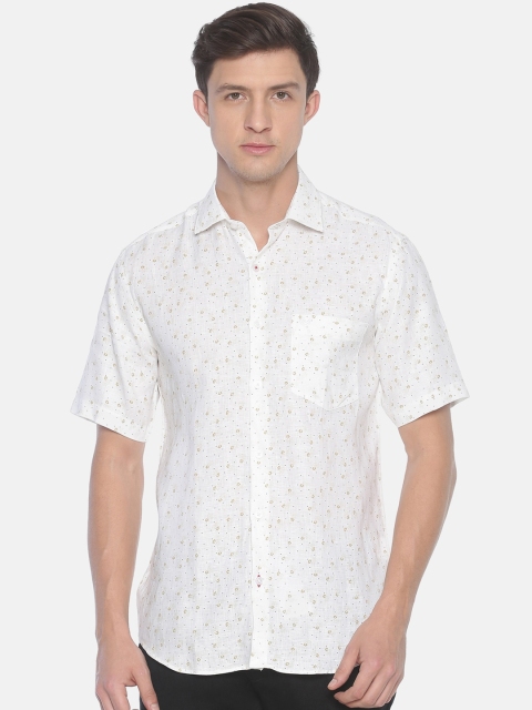 

Linen Club Men White & Beige Regular Fit Printed Sustainable Casual Linen Shirt