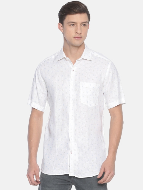 

Linen Club Men White & Blue Regular Fit Printed Casual Linen Shirt