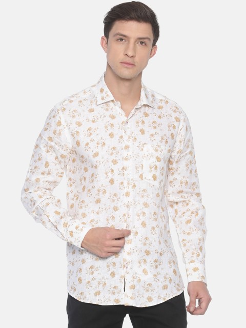 

Linen Club Men White & Camel Brown Regular Fit Printed Casual Linen Shirt