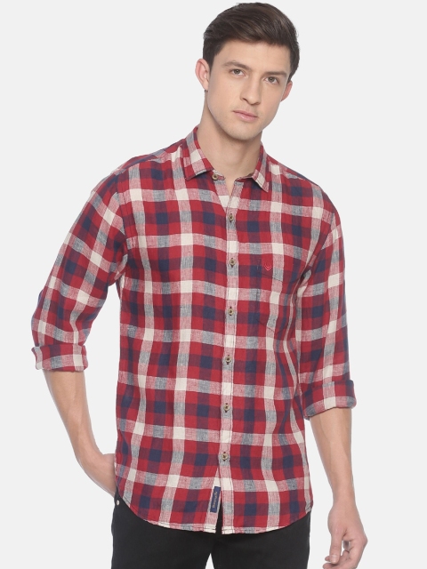 

Linen Club Men Red & Off-White Regular Fit Checked Sustainable Casual Linen Shirt