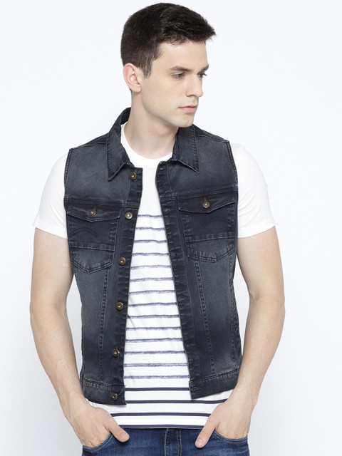 

V Dot Men Navy Blue Slim Fit Solid Denim Jacket