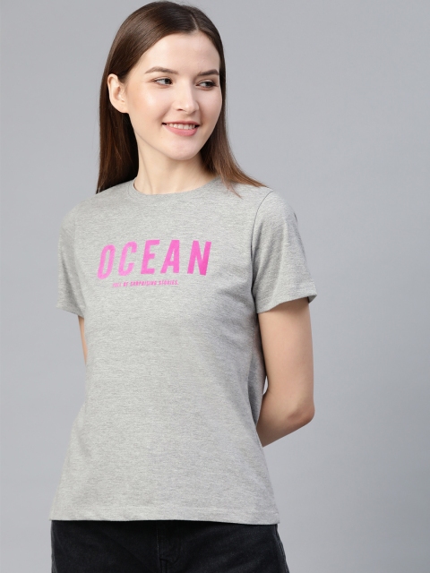 

Mast & Harbour Women Grey Melange Printed Round Neck T-shirt