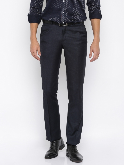 

Blackberrys Men Blue Solid Regular Fit Flat-Front Trousers