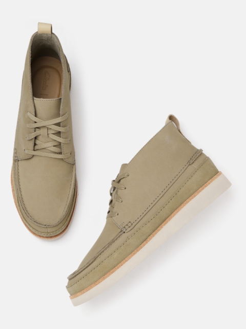 

Clarks Men Beige Solid Leather Mid-Top Derbys