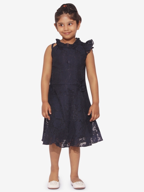 

Stylo Bug Girls Navy Blue Self Design Fit and Flare Dress