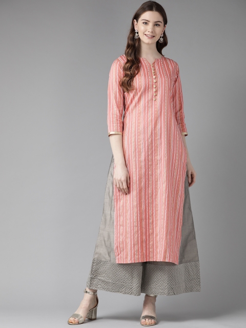 

Ginni Arora Label Women Pink & White Striped Straight Kurta with Foil Print