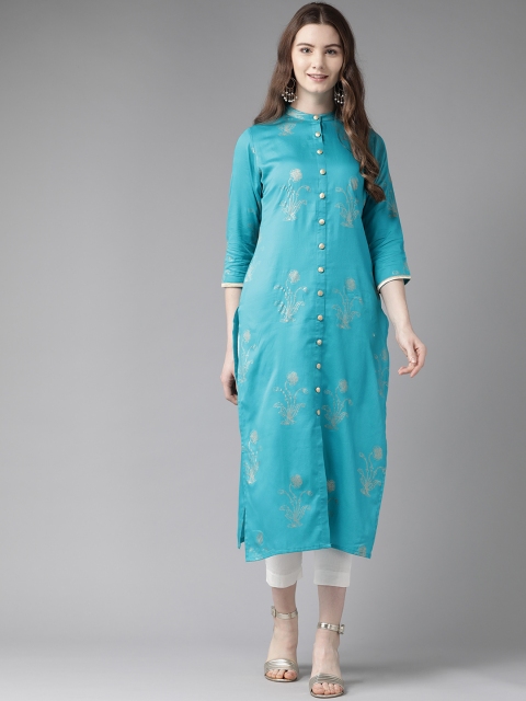 

Ginni Arora Label Women Blue & Golden Foil Printed Straight Kurta