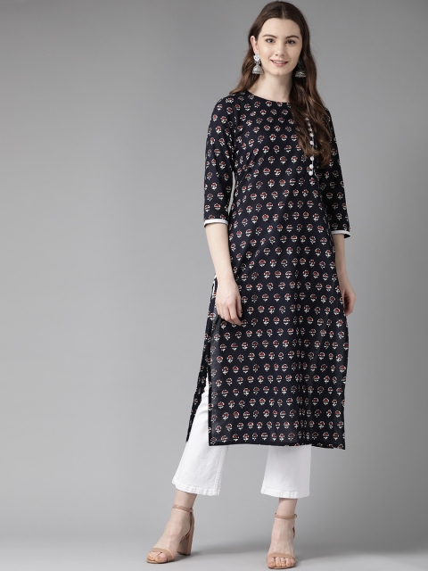 

Ginni Arora Label Women Navy Blue & White Printed Straight Kurta