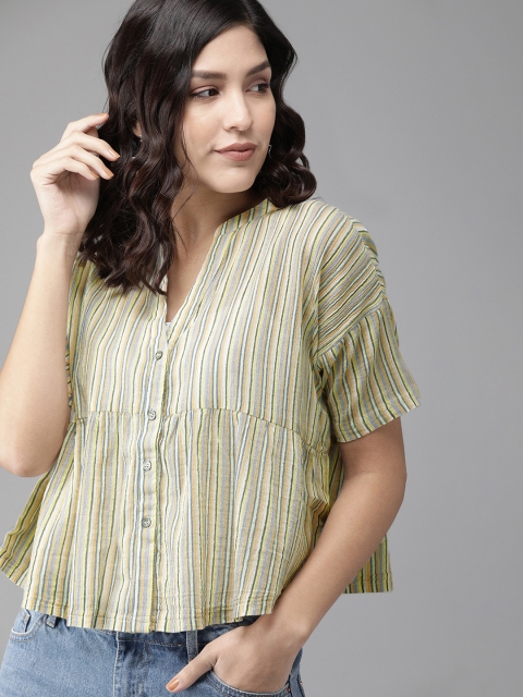 

ONLY Women Beige & Blue Striped Top