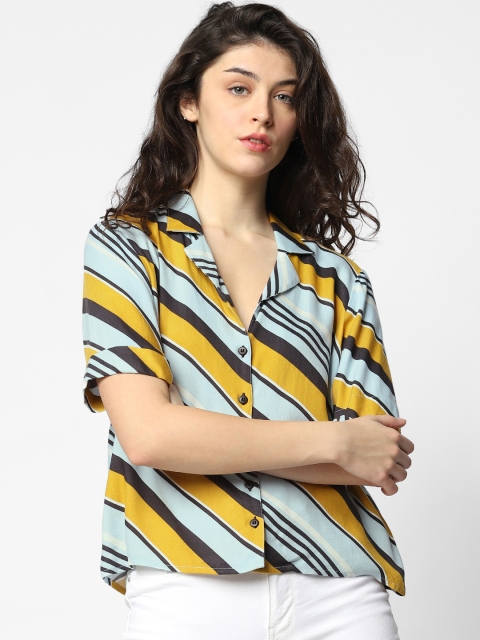 

ONLY Women Turquoise Blue & Mustard Yellow Regular Fit Striped Casual Shirt