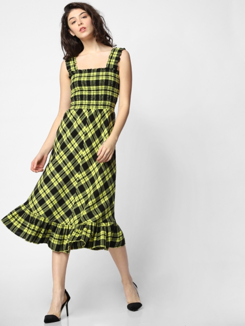 

ONLY Women Black & Fluorescent Green Checked Fit and Flare Dress with Smocked Detail