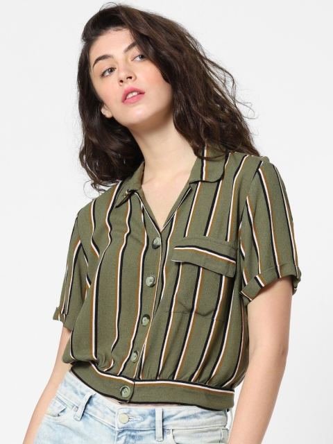 

ONLY Women Olive Green & Black Regular Fit Striped Casual Cropped Shirt