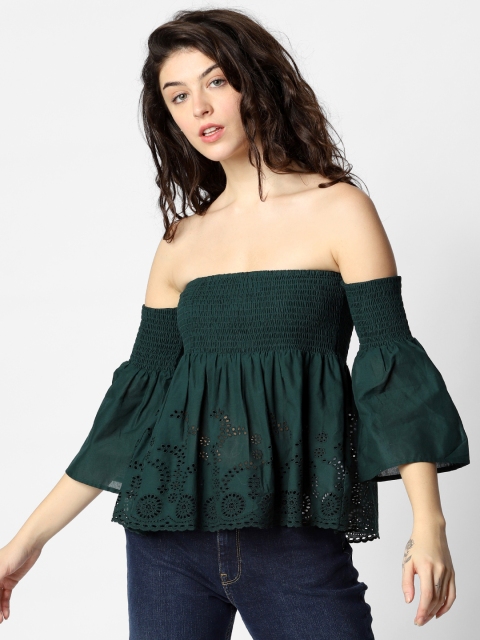 

ONLY Women Green Solid Bardot Pure Cotton Top With Smocking detail