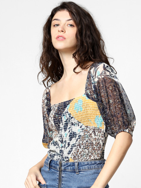 

ONLY Women Multi Floral Puff Sleeve Smocked Fitted Top