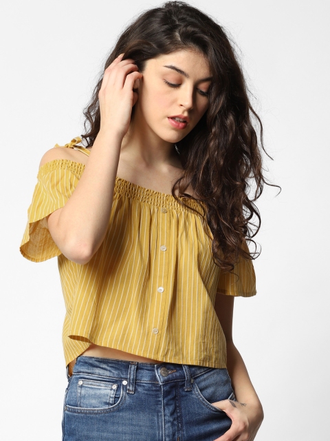 

ONLY Women Mustard Yellow & White Striped Pure Cotton Top