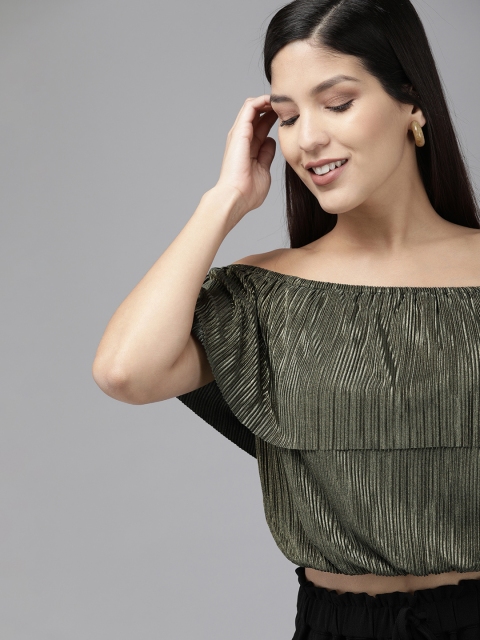

ONLY Women Olive Green Solid Accordion-Pleated Party Bardot Crop Top