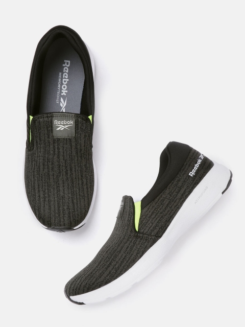

Reebok Men Olive Green & Black Stride Slip-On LP Self-Striped Running Shoes