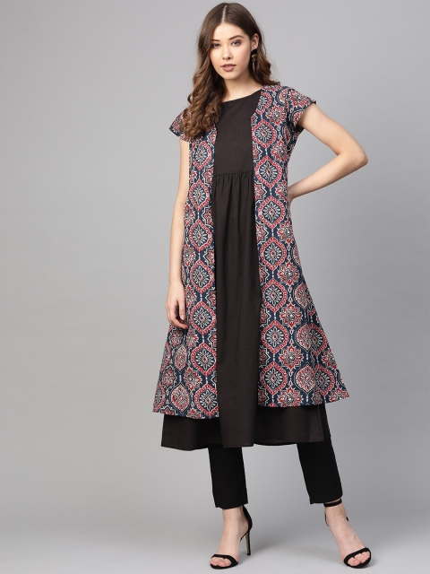 

SIAH Women Black & Navy Blue Printed Layered Kurta with Trousers