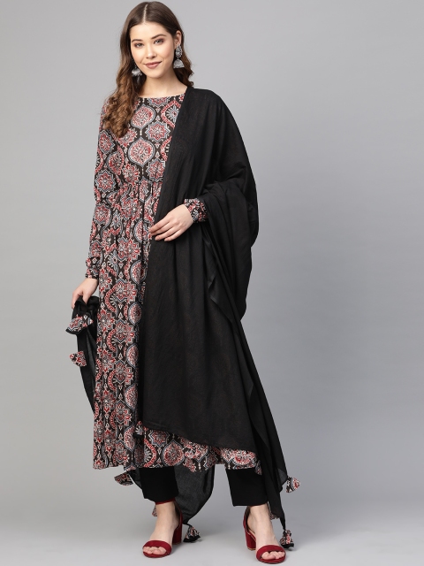 

SIAH Women Black & Maroon Printed Anarkali Kurta with Trousers & Dupatta