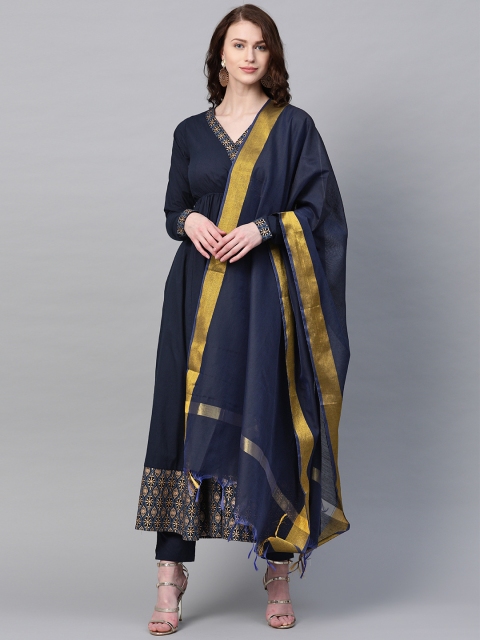 

SIAH Women Navy Blue Solid Kurta with Trousers & Dupatta