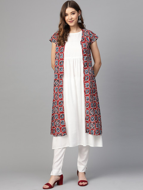 

SIAH Women White & Maroon Printed Layered Kurta with Trousers