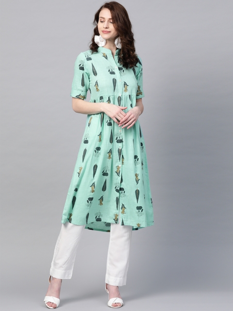 

SIAH Women Sea Green Printed Kurta with Trousers