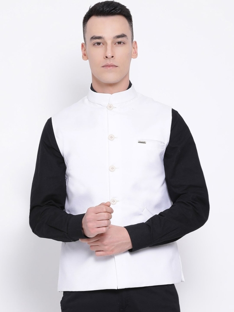 

DEVOILER Men White Solid Woven Pure Cotton Nehru Jacket