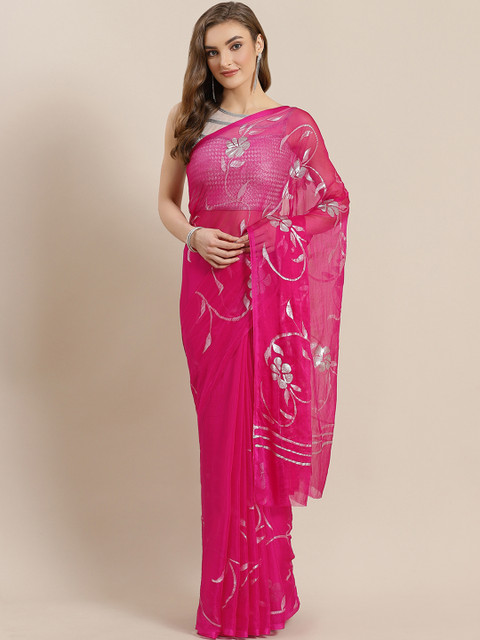 

Mitera Pink & Silver Handpainted Saree