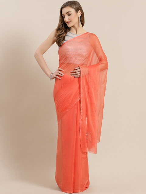 

Geroo Jaipur Orange Hand Embellished Mukaish Chiffon Saree, Coral