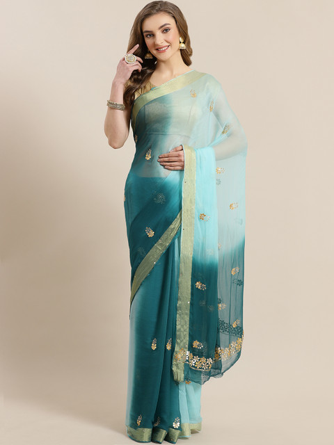 

Mitera Blue & Green Gota Patti Hand Embellished Chiffon Sustainable Saree