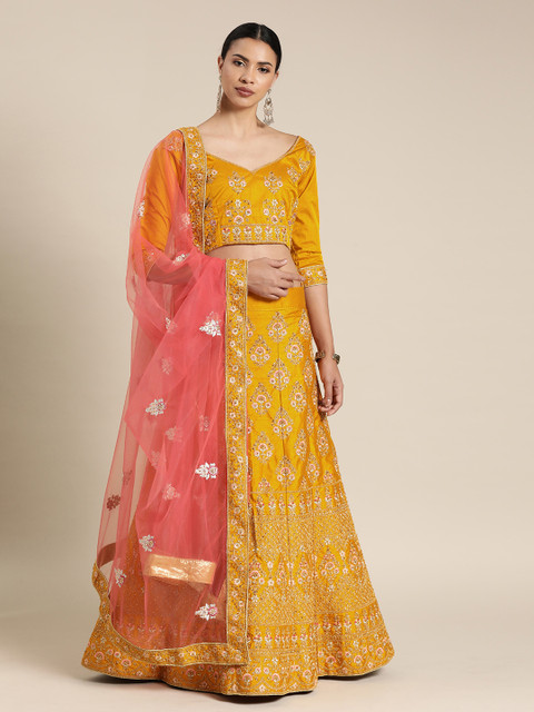 

Shaily Mustard Yellow & Pink Embellished Semi-Stitched Lehenga Choli Set
