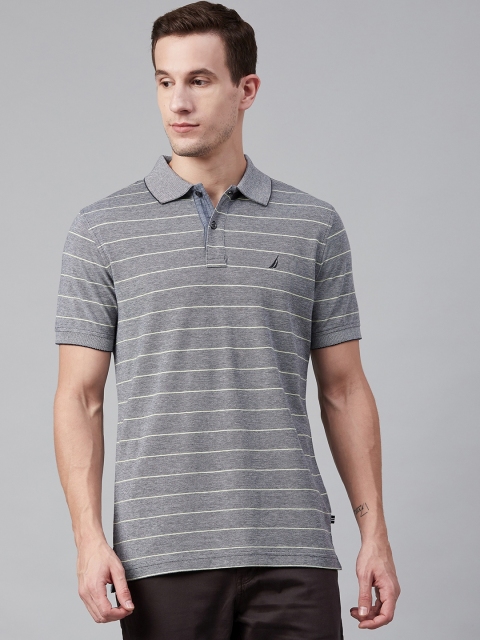 

Nautica Men Navy Blue & Yellow Slim Fit Striped Polo Collar T-shirt
