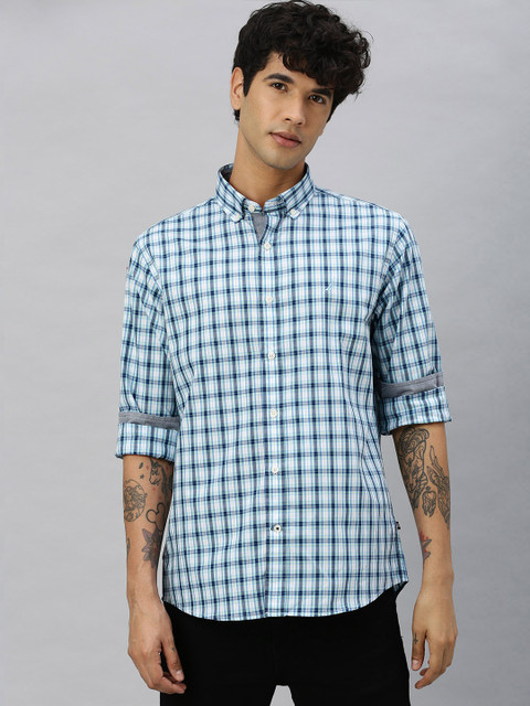 

Nautica Men Navy Blue & White Slim Fit Checked Casual Shirt