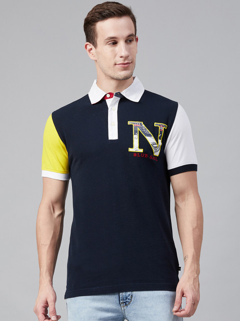 

Nautica Men Navy Blue Solid Polo Collar T-shirt with Applique
