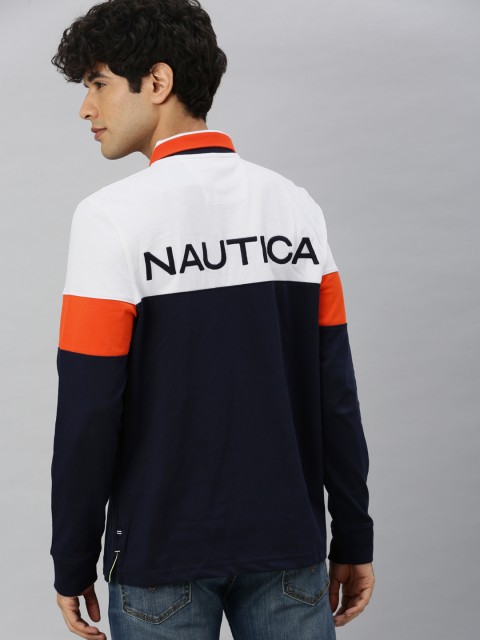 

Nautica Men Navy Blue & White Colourblocked Slim Fit T-shirt with Back Printed Detail