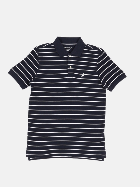 Men Navy Blue White Striped Polo Collar Pure Cotton T-shirt