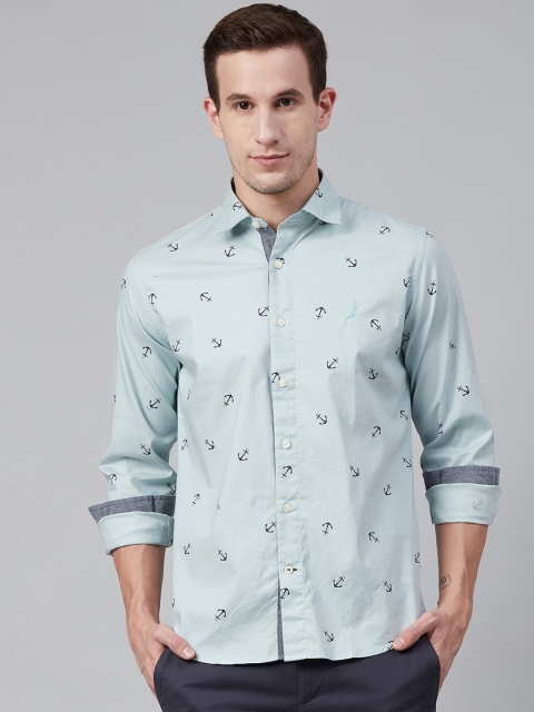 

Nautica Men Blue Slim Fit Printed Oxford Weave Knitted Casual Shirt