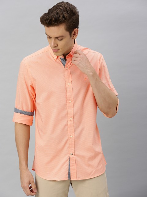 

Nautica Men Orange & White Classic Regular Fit Checked Casual Shirt