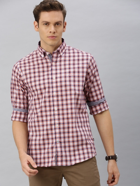 

Nautica Men White & Coral Orange Slim Fit Checked Casual Shirt