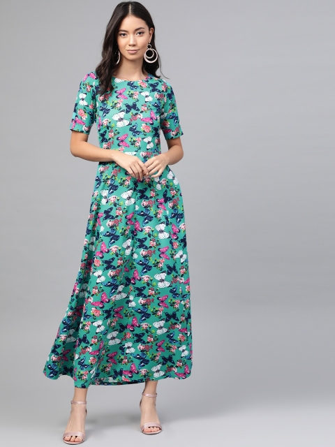 

ROZVEH Women Green & Blue Printed Maxi Dress