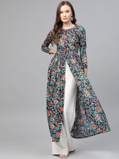 

ROZVEH Women Navy Blue & Sea Green Floral Printed High Slit A-Line Kurta