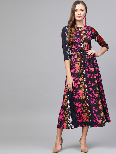 

ROZVEH Women Black & Pink Printed Maxi Dress with belt